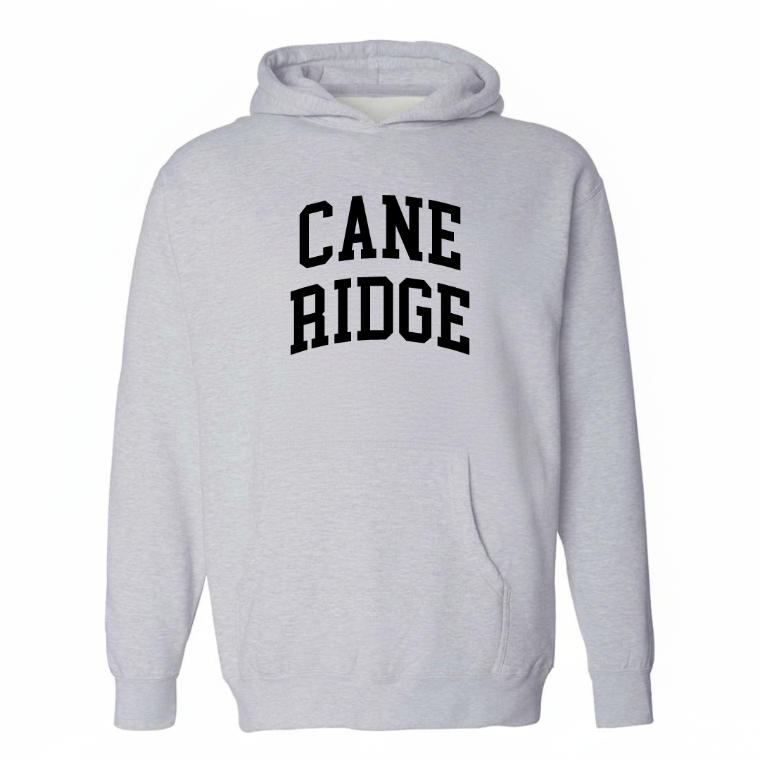 Heather-gray hoodie with the Cane Ridge varsity arched lettering design on the chest.