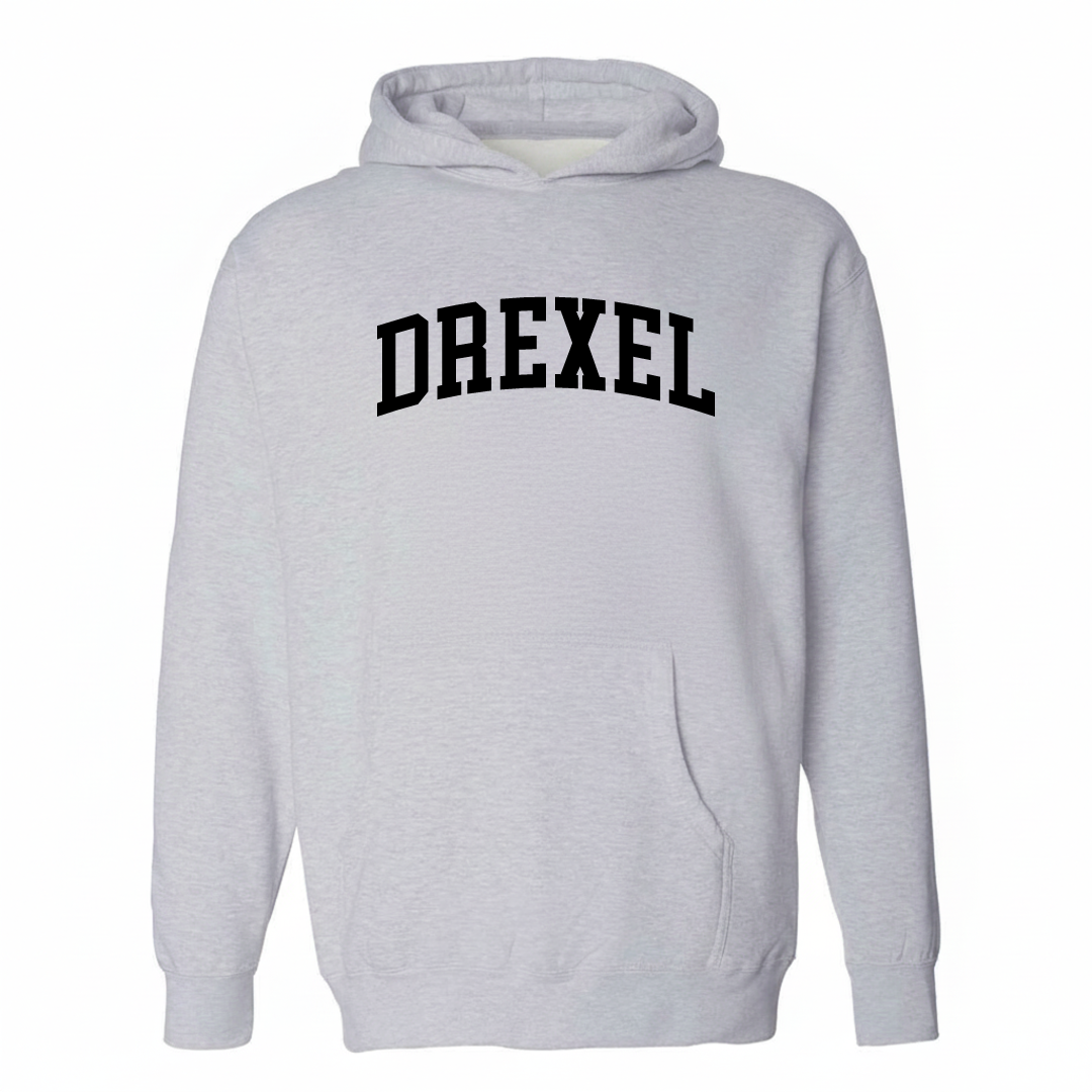 Heather-gray hoodie with the Drexel arched lettering varsity-collegiate design on the chest.