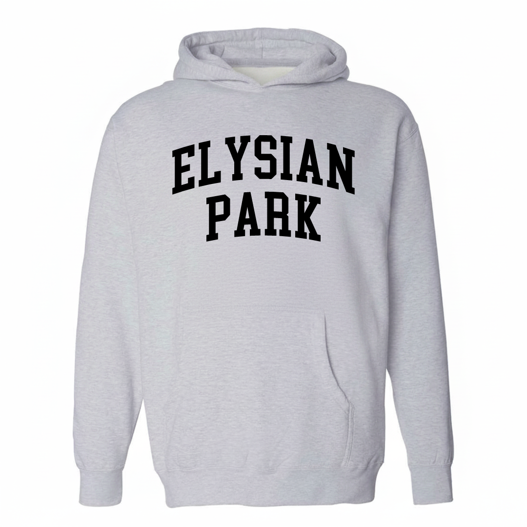 Heather-gray hoodie with the Elysian Park varsity arched lettering design on the chest.