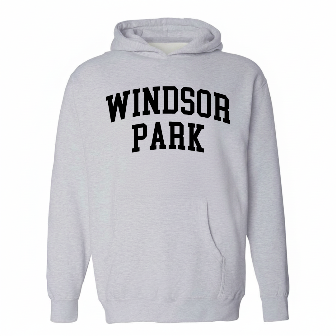 Heather-gray hoodie with the Windsor Park varsity arched lettering design on the chest.