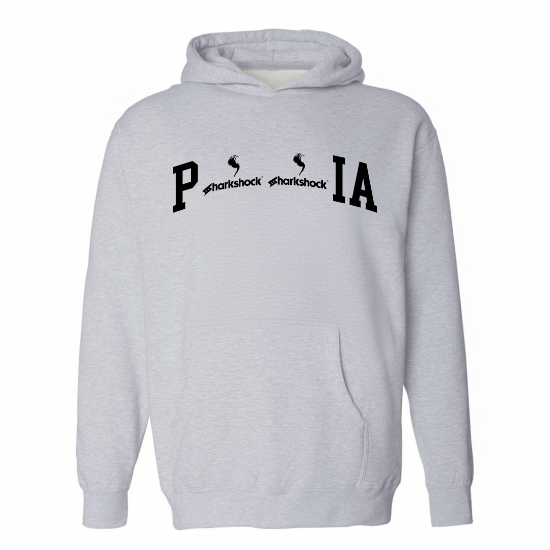Heather-gray hoodie with the Pāʻia varsity arched lettering design on the chest.