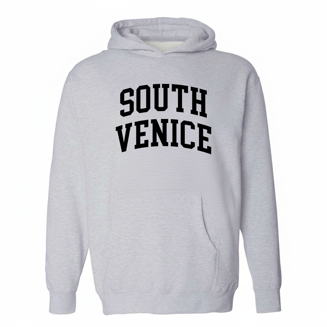 Heather-gray hoodie with the South Venice arched lettering varsity-collegiate design on the chest.