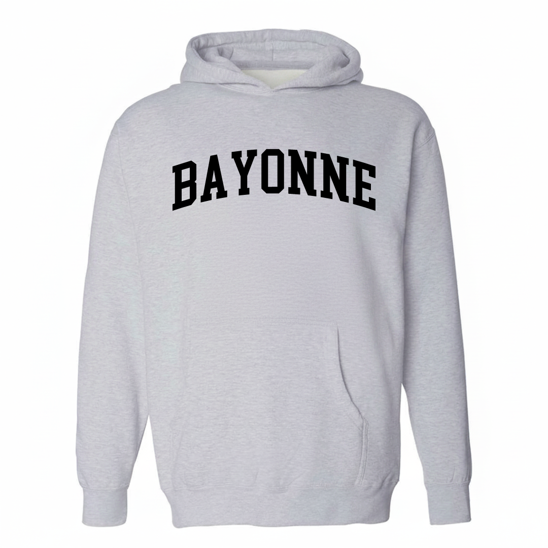 Heather-gray hoodie with the Bayonne arched varsity lettering design on the chest.