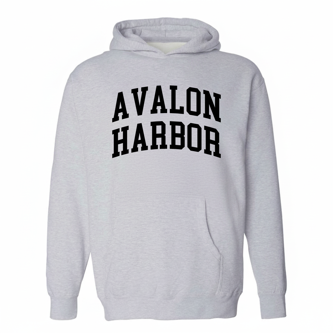 Heather-gray hoodie with the Avalon Harbor varsity arched lettering design on the chest.