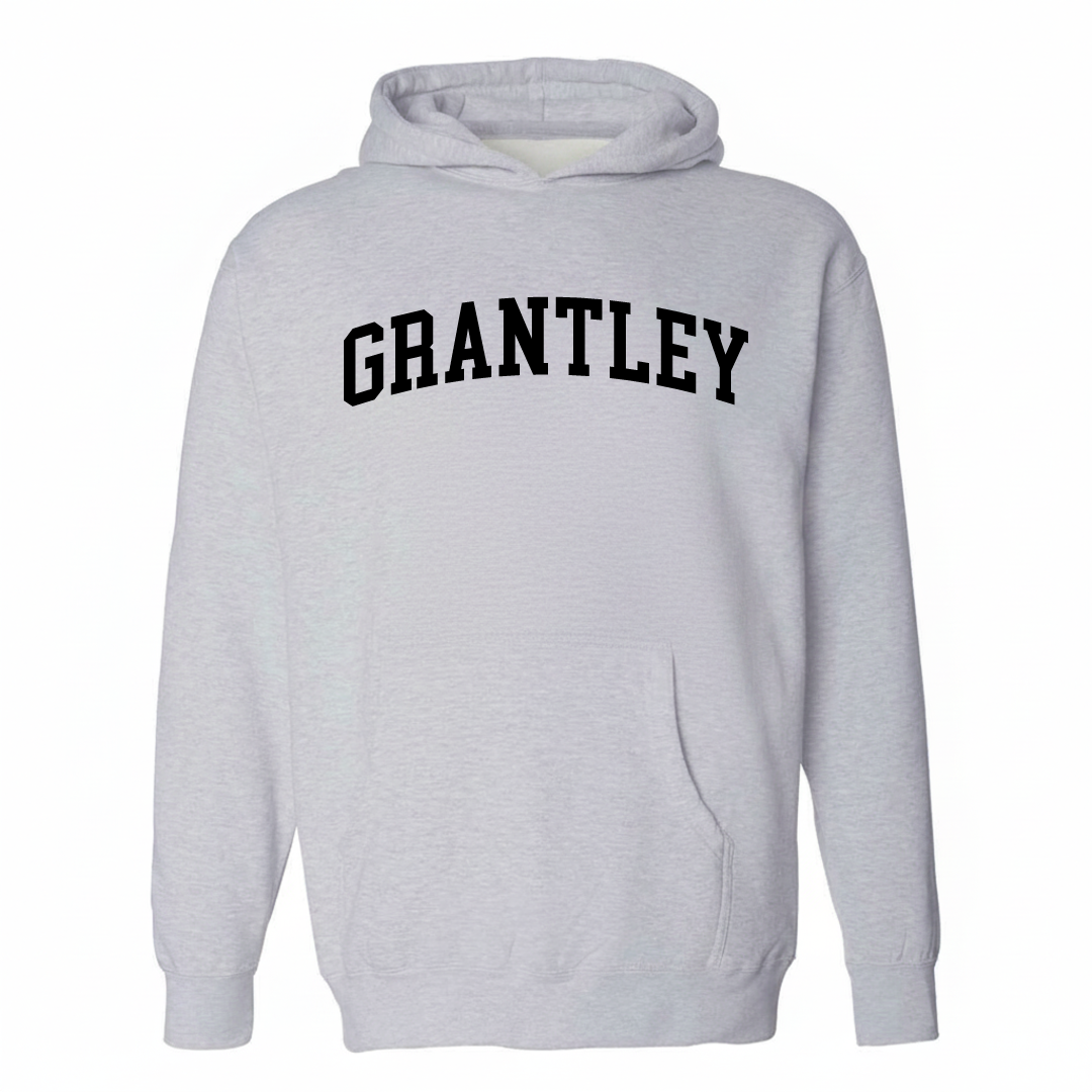 Heather-gray hoodie with the Grantley varsity arched lettering design on the chest.