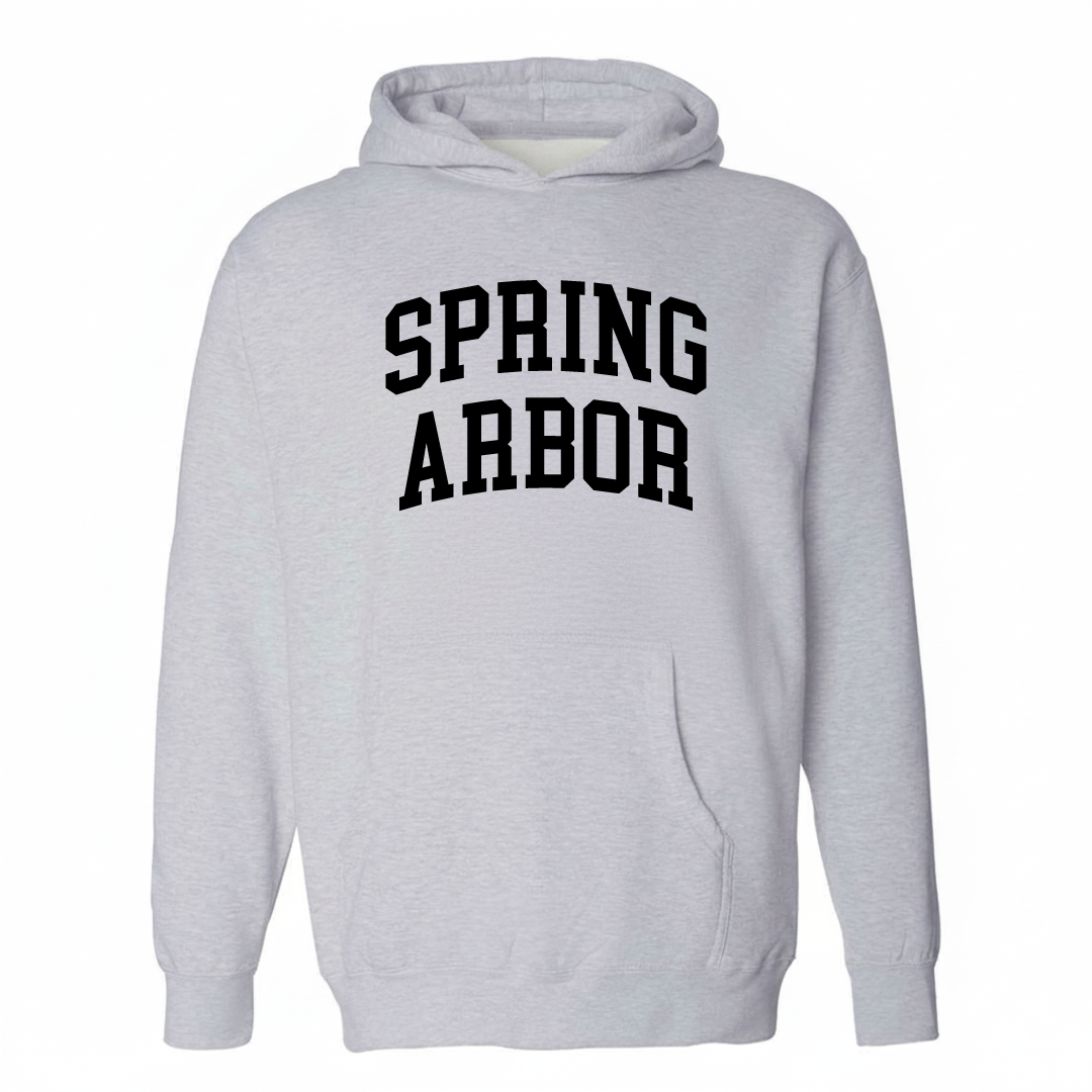 Heather-gray hoodie with the Spring Arbor arched varsity lettering design on the chest.