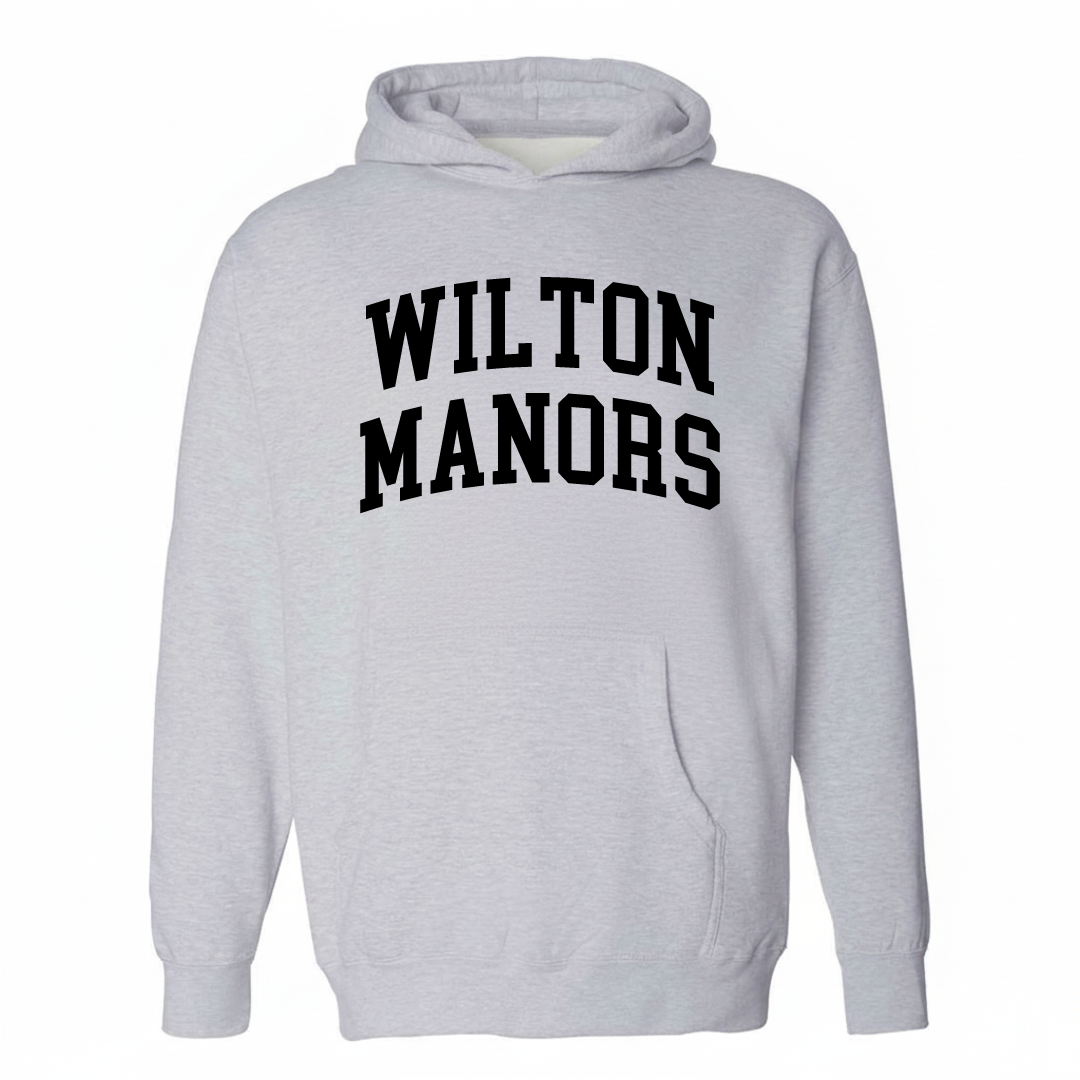 Heather-gray hoodie with the Wilton Manors varsity arched lettering design on the chest.