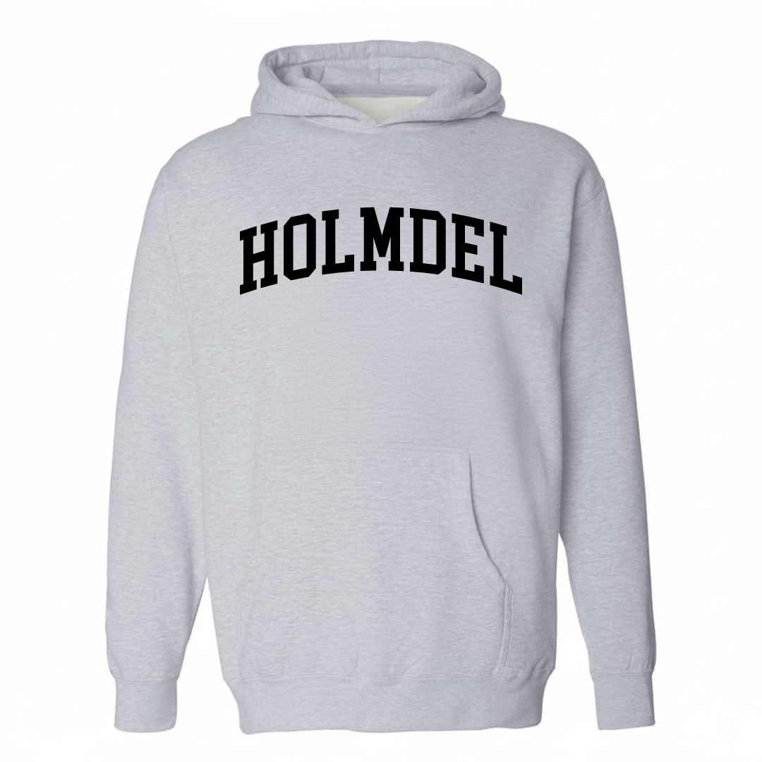 Heather-gray hoodie with the Holmdel varsity arched lettering design on the chest.