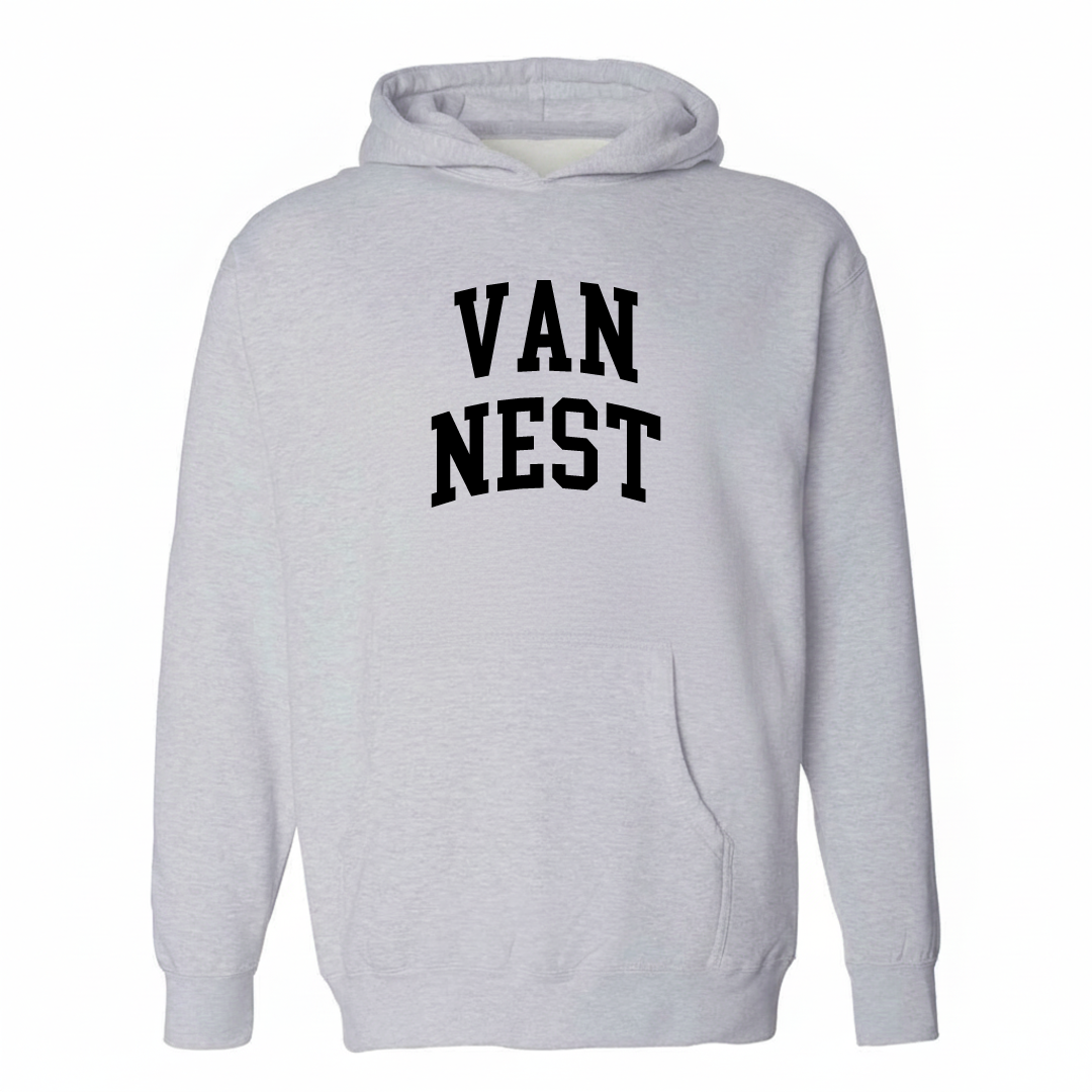 Heather-gray hoodie with the Van Nest varsity arched lettering design on the chest.