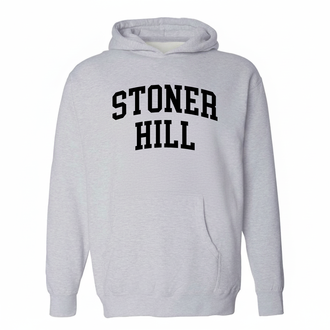 Heather-gray hoodie with the Stoner Hill varsity arched lettering design on the chest.