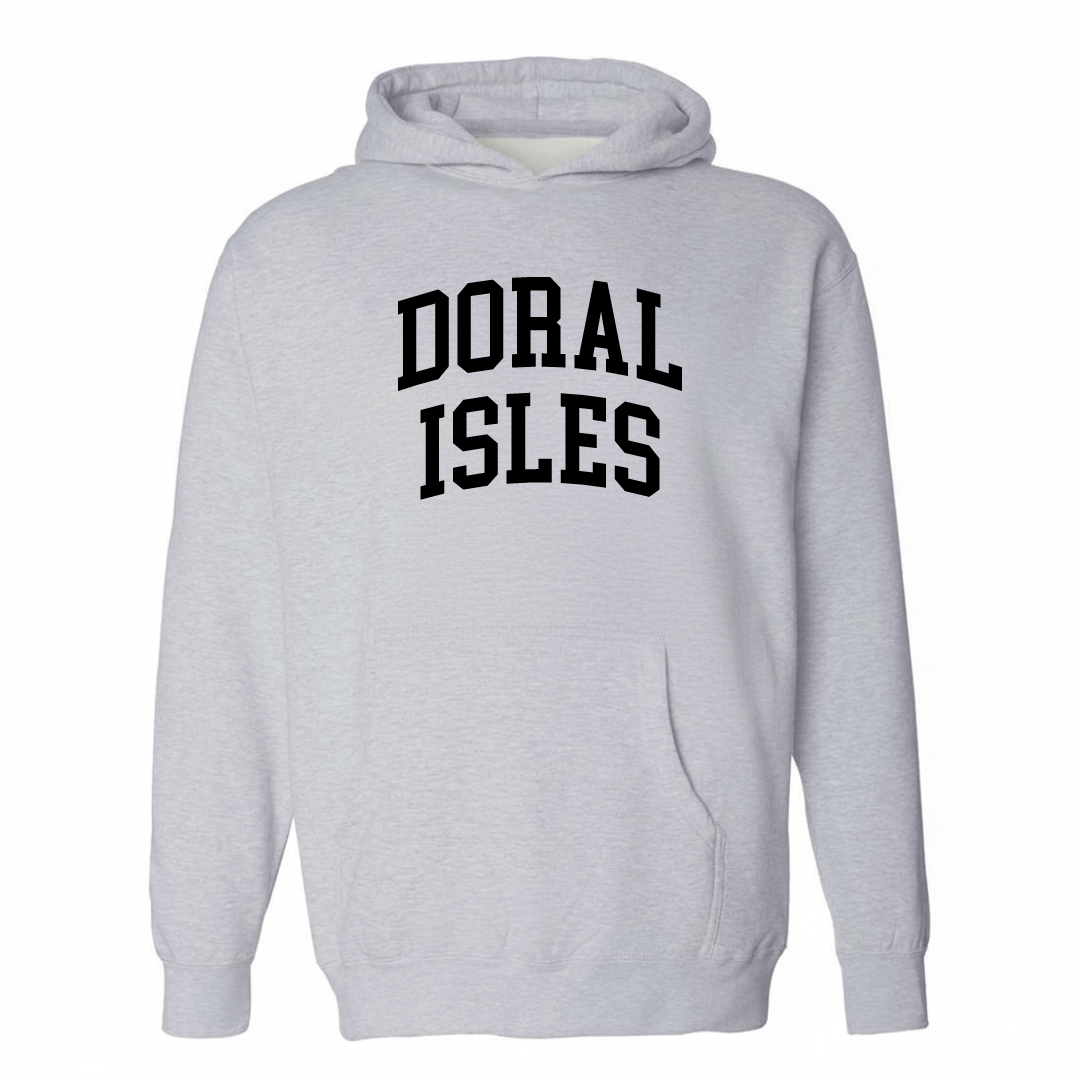 Heather-gray hoodie with the Doral Isles varsity arched lettering design on the chest.