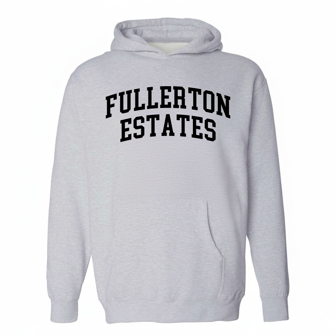 Heather-gray hoodie with the Fullerton Estates arched lettering design on the chest.