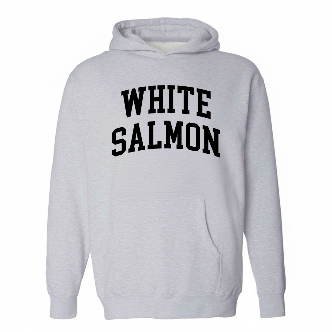 Heather-gray hoodie with the White Salmon arched varsity lettering design on the chest.