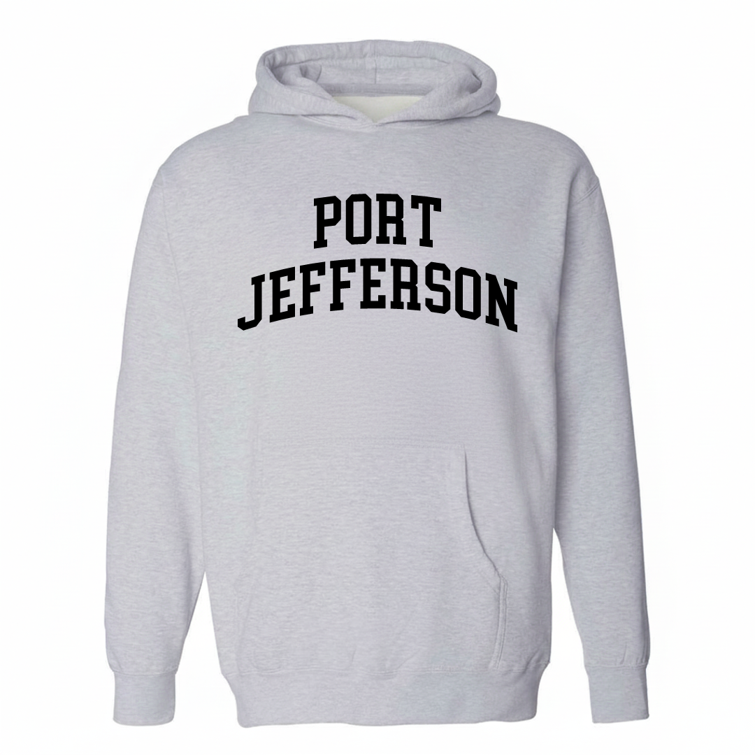 Heather-gray hoodie with the Port Jefferson varsity arched lettering design on the chest.