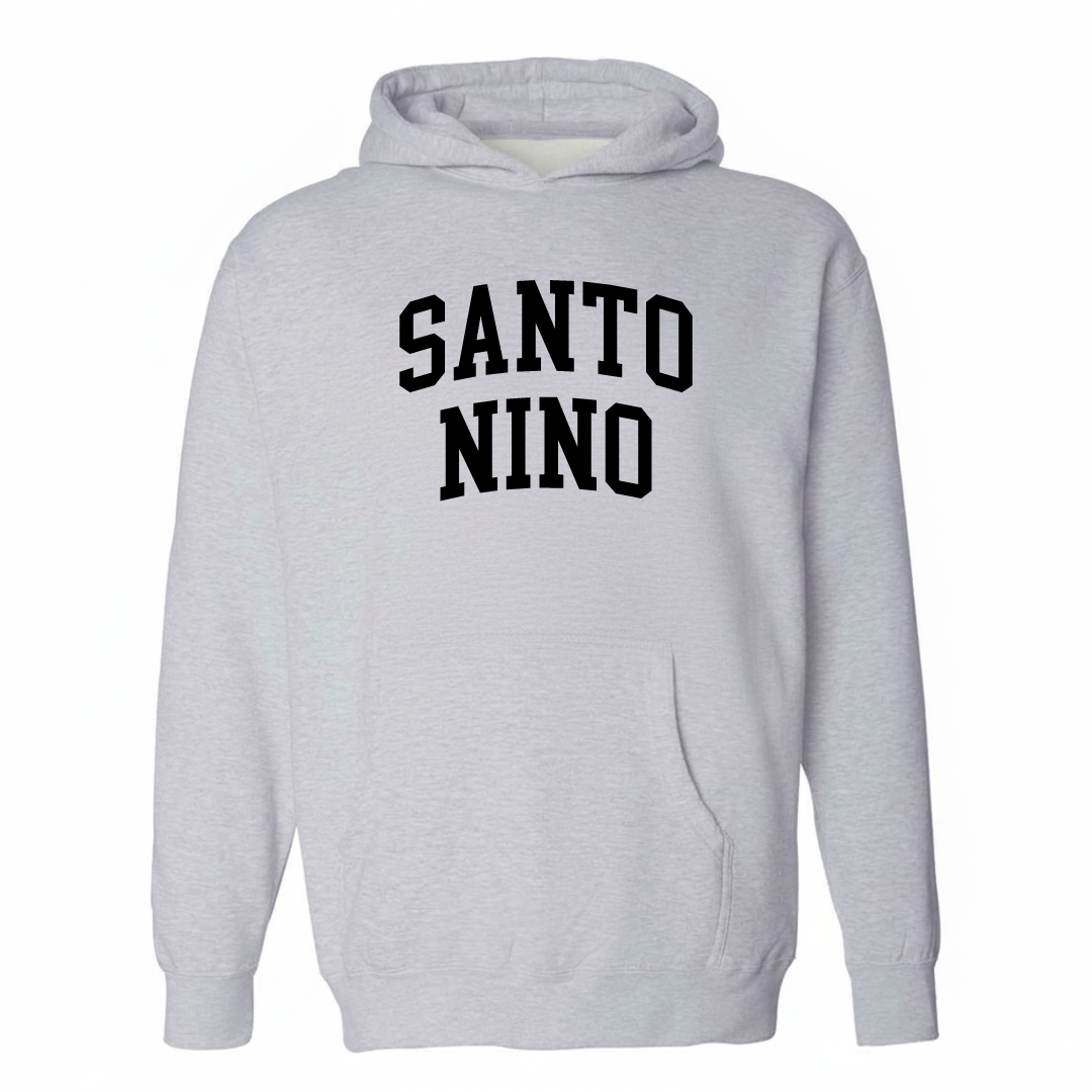 Heather-gray hoodie with the Santo Nino varsity arched lettering design on the chest.