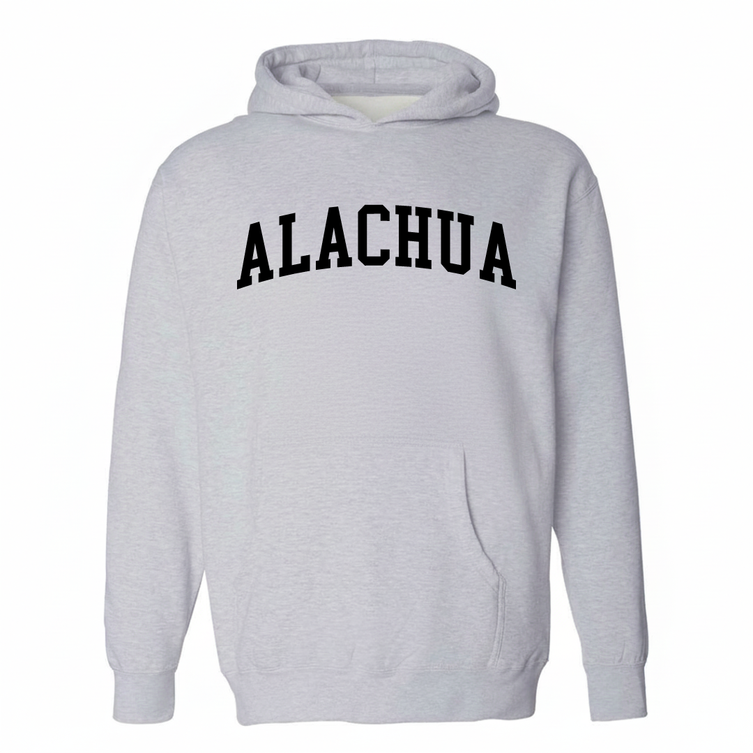 Heather-gray hoodie with the Alachua varsity arched lettering design on the chest.