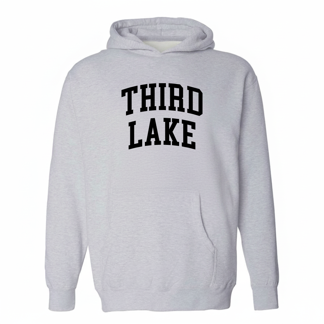 Heather-gray hoodie with the Third Lake arched lettering varsity-collegiate design on the chest.