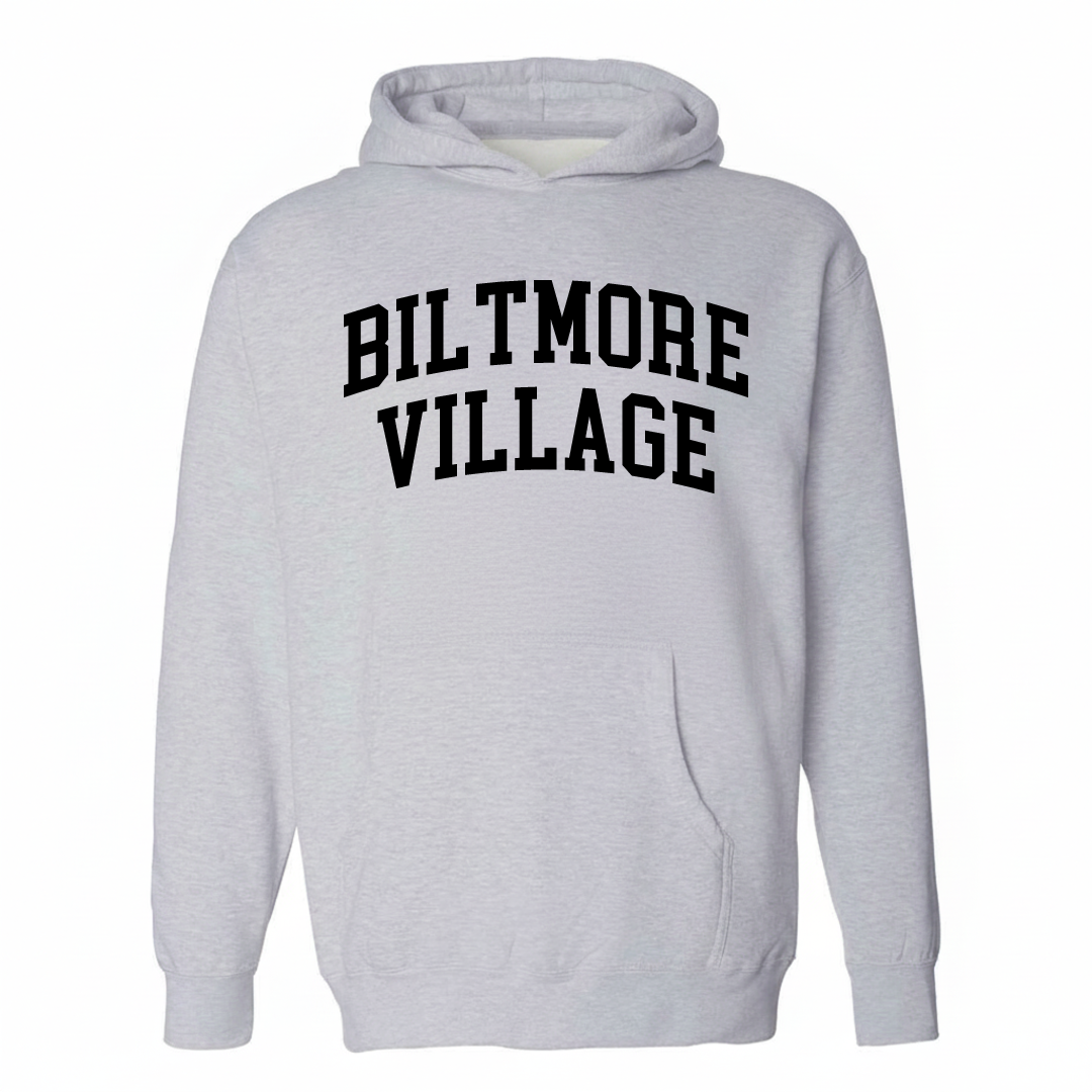 Heather-gray hoodie with the Biltmore Village varsity arched lettering design on the chest.
