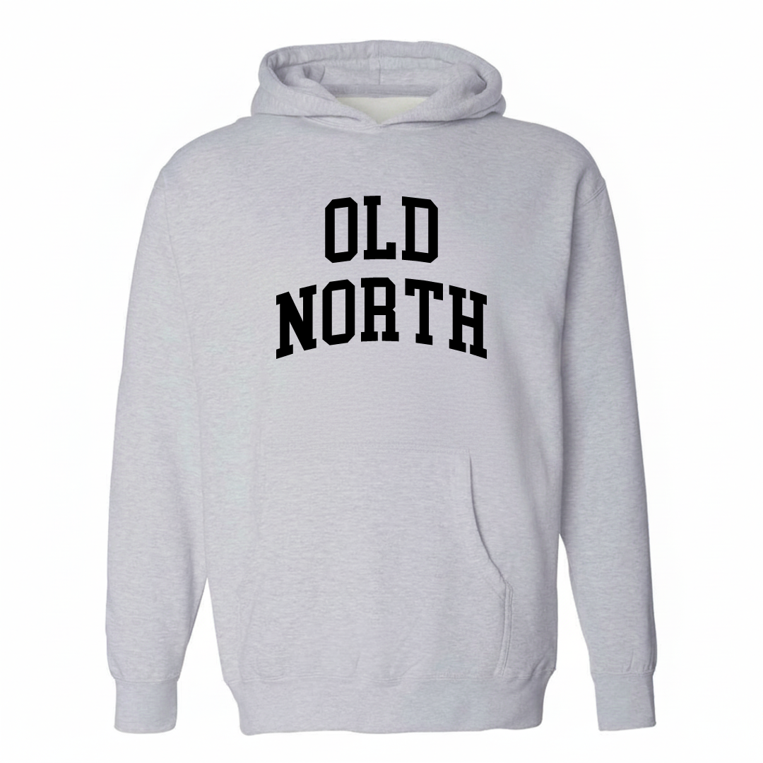 Heather-gray hoodie with the Old North Columbus varsity arched lettering design on the chest.