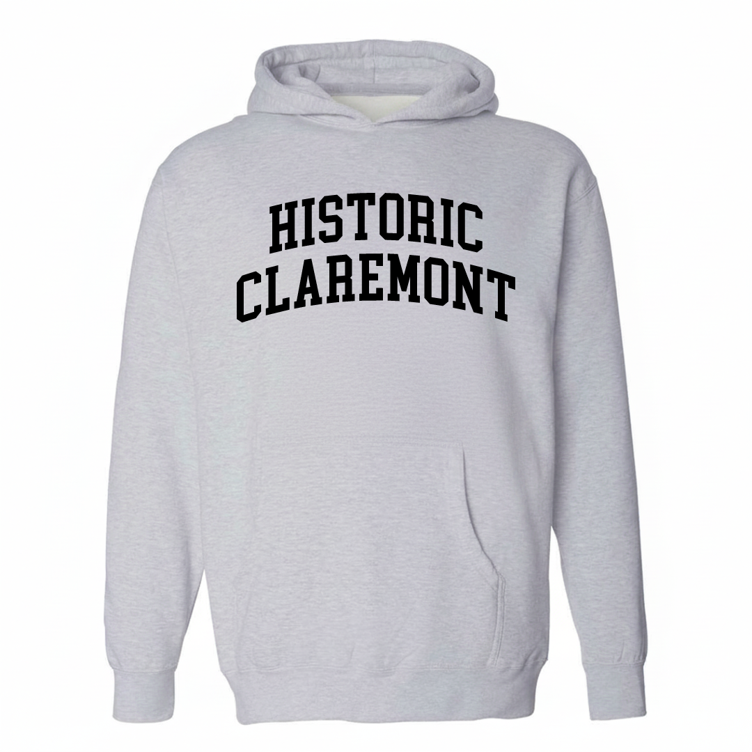 Heather-gray hoodie with the Historic Claremont varsity arched lettering design on the chest.