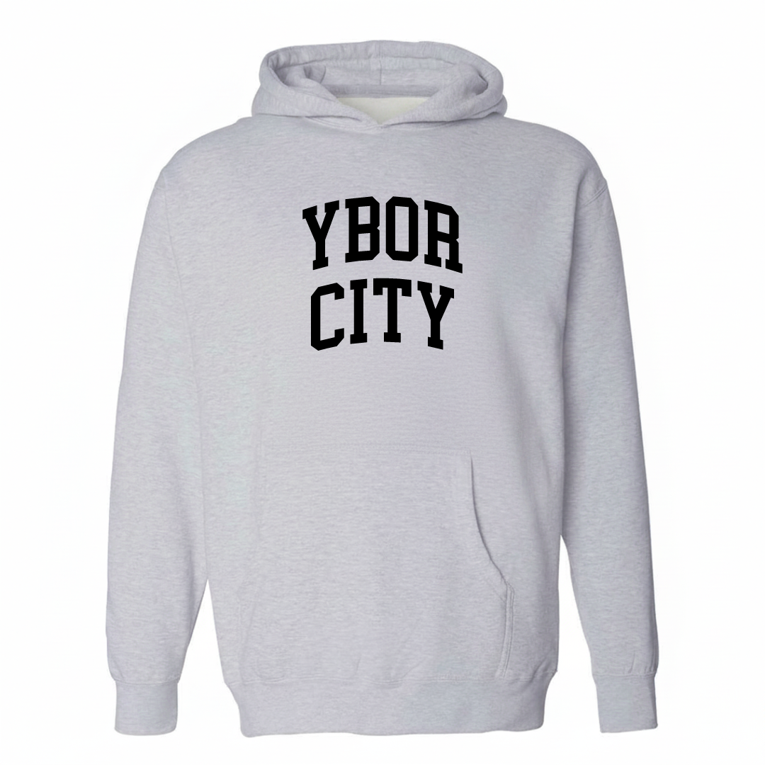 Heather-gray hoodie with the Ybor City varsity arched lettering design on the chest.
