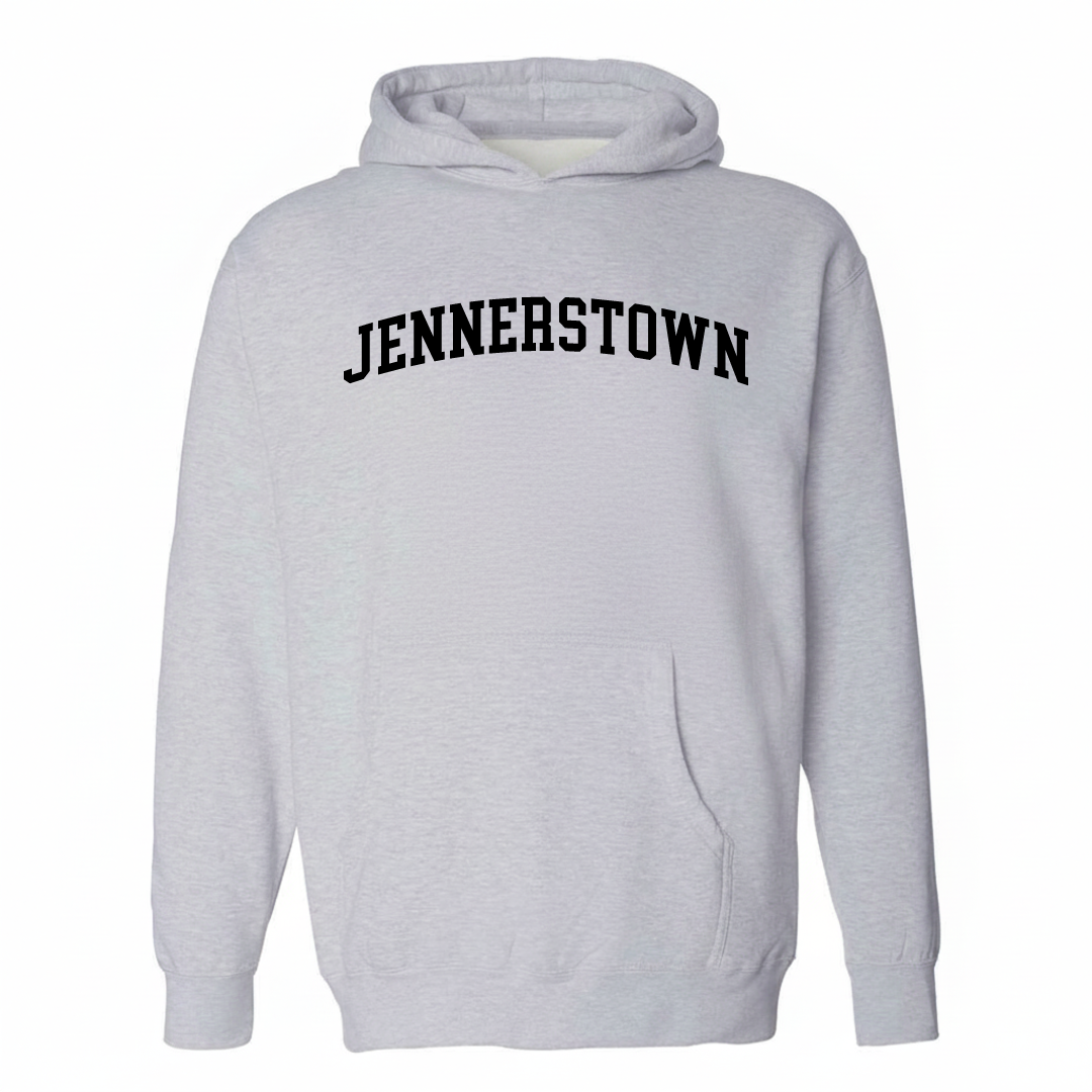 Heather-gray hoodie with the Jennerstown varsity arched lettering design on the chest.