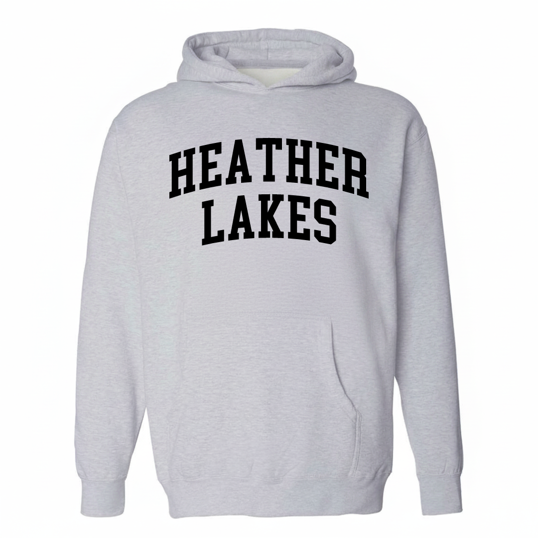 Heather-gray hoodie with the Heather Lakes varsity arched lettering design on the chest.