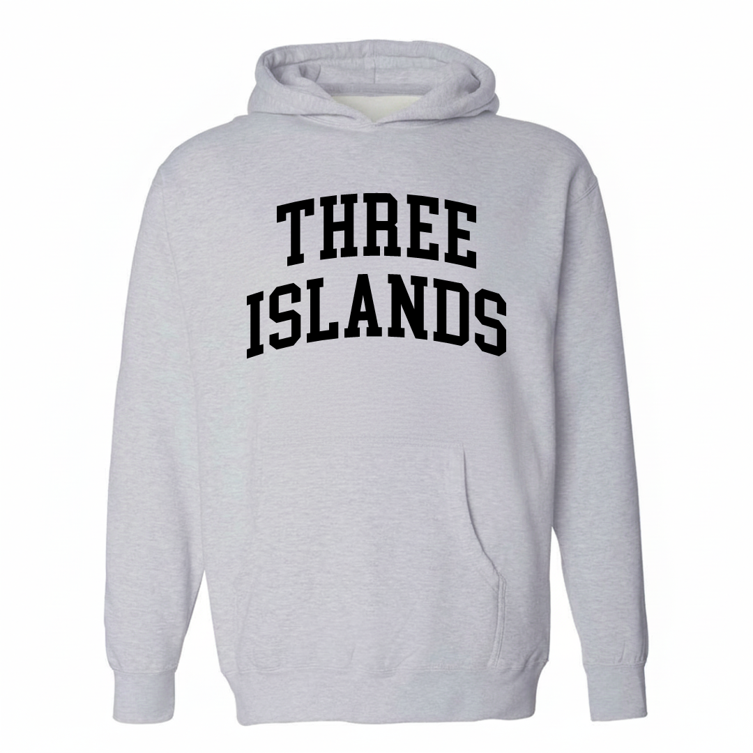 Heather-gray hoodie with the Three Islands varsity arched lettering design on the chest.