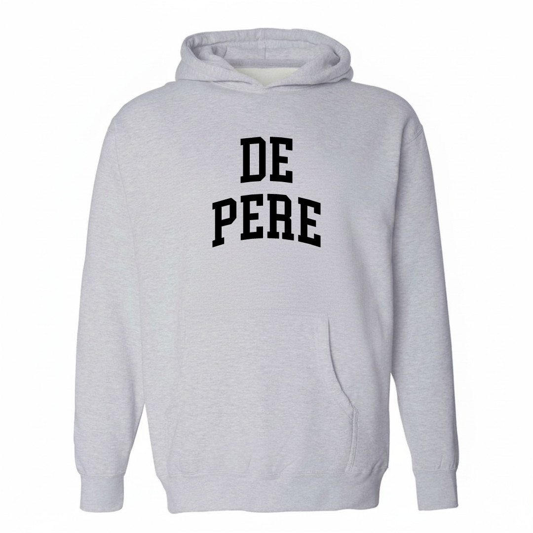 Heather-gray hoodie with the De Pere varsity arched lettering design on the chest.