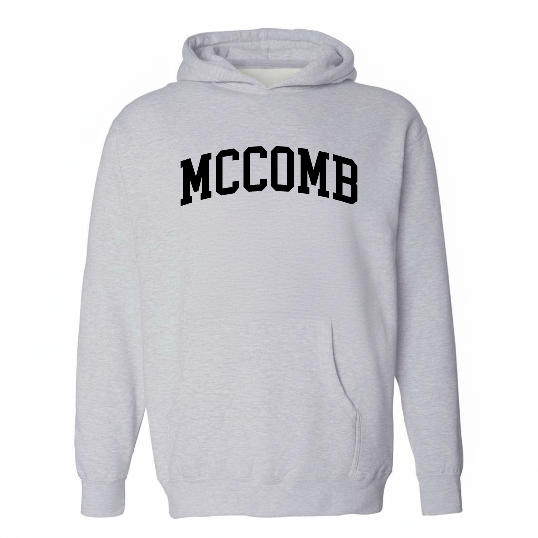Heather-gray hoodie with the McComb varsity arched lettering design on the chest.