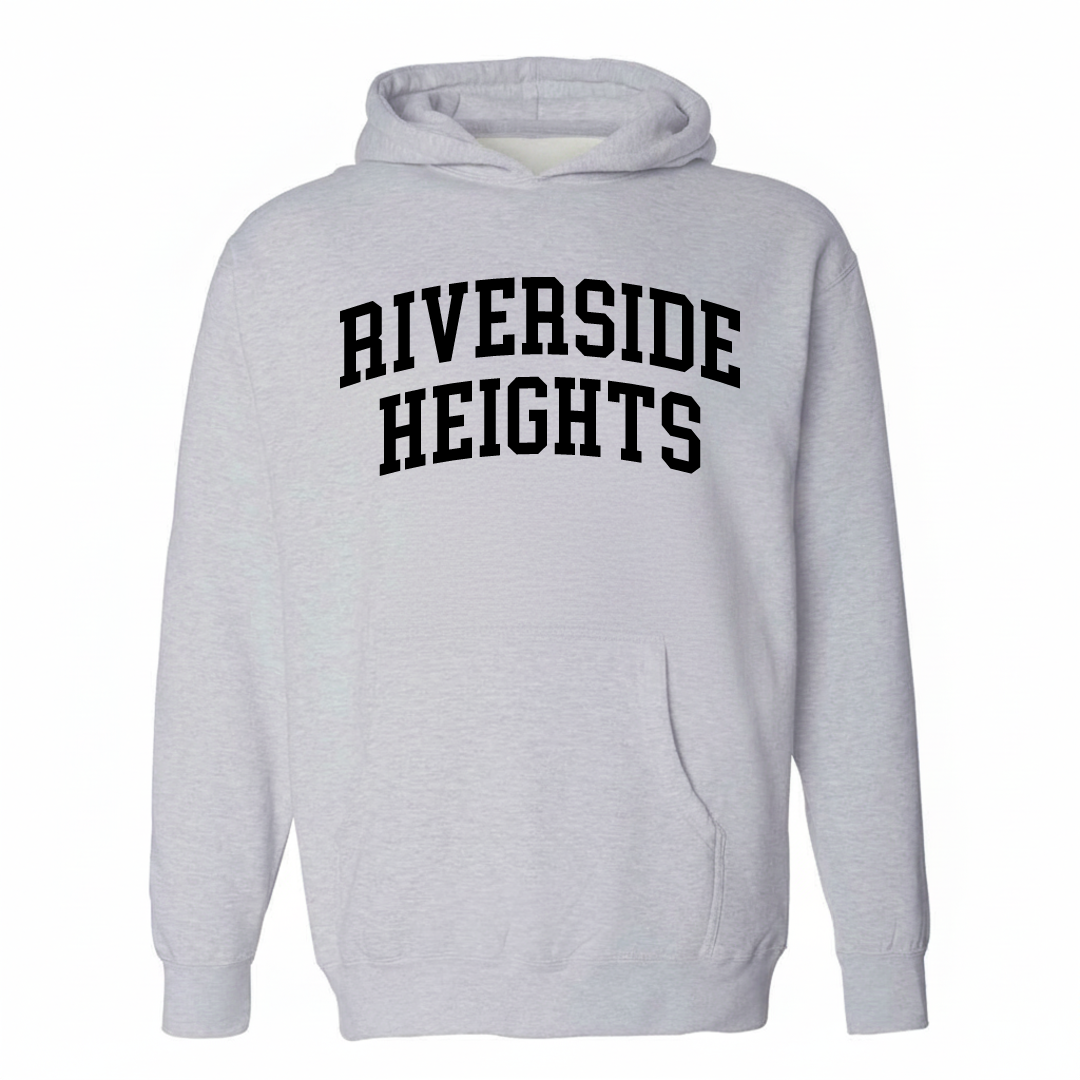 Heather-gray hoodie with the Riverside Heights varsity arched lettering design on the chest.