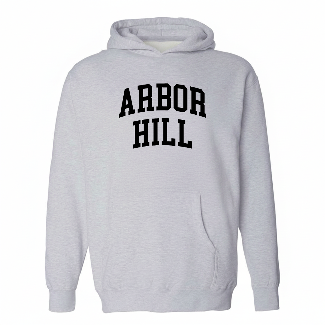 Heather-gray hoodie with the Arbor Hill varsity arched lettering design on the chest.