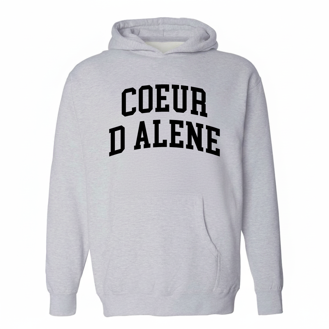Heather-gray hoodie with the Coeur d'Alene varsity arched lettering design on the chest.