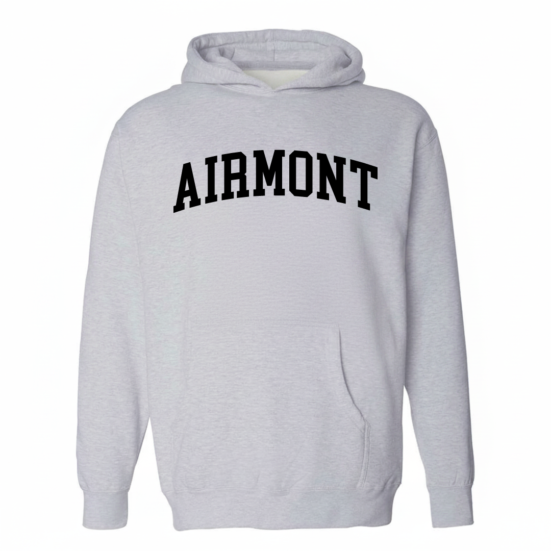 Heather-gray hoodie with the Airmont varsity arched lettering design on the chest.