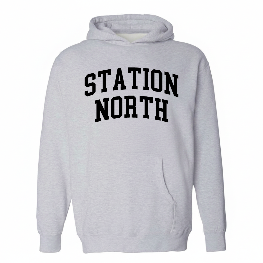 Heather-gray hoodie with the Station North arched varsity lettering design on the chest.