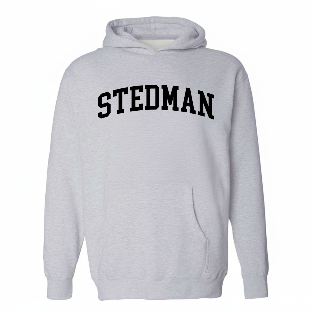 Heather-gray hoodie with the Stedman arched lettering design on the chest.