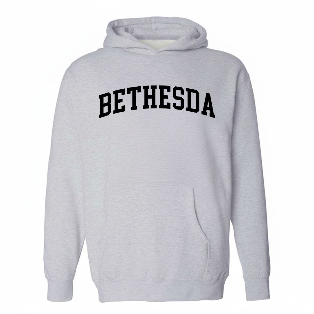 Heather-gray hoodie with the Bethesda Durham varsity arched lettering design on the chest.