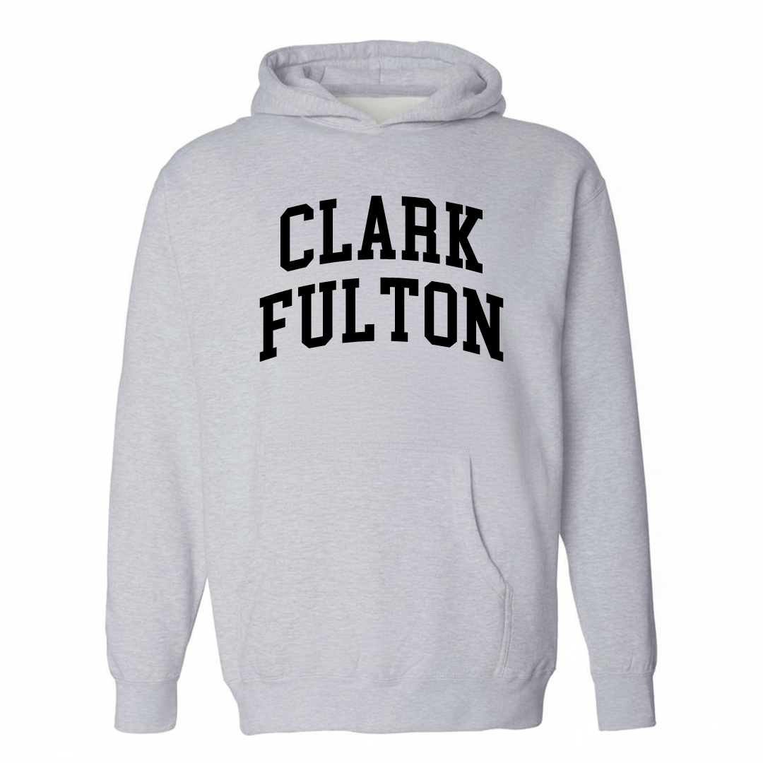 Heather-gray hoodie with the Clark-Fulton arched varsity lettering design on the chest.