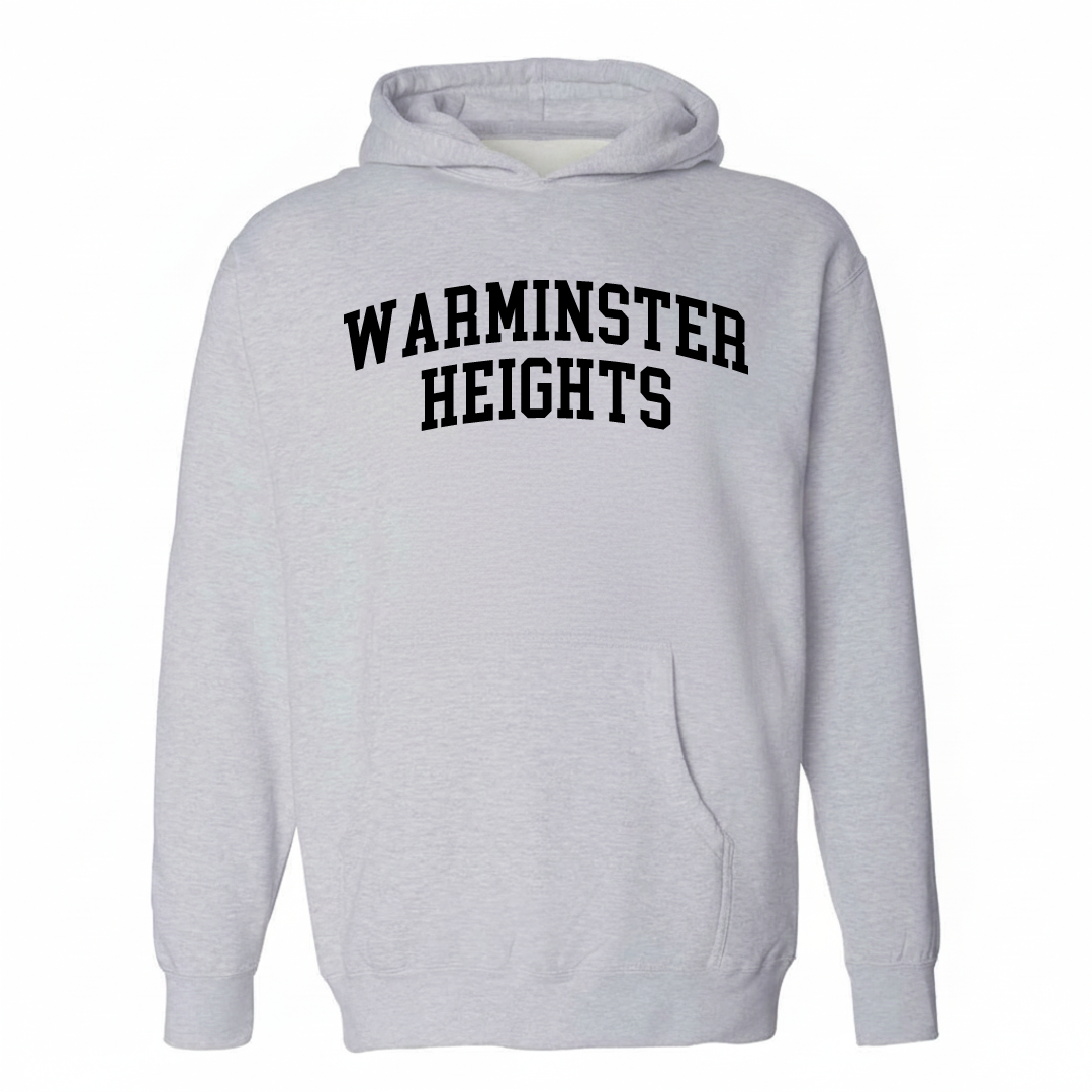 Heather-gray hoodie with the Warminster Heights varsity arched lettering design on the chest.