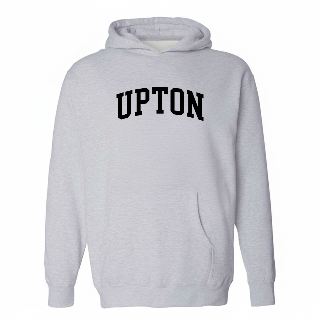 Heather-gray hoodie with the Upton arched varsity lettering design on the chest.