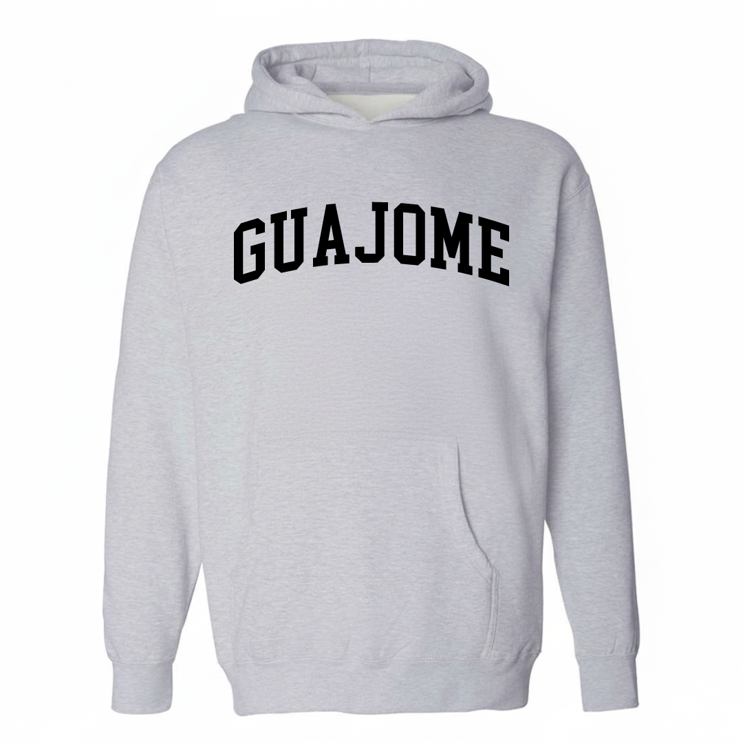 Heather-gray hoodie with the Guajome varsity arched lettering design on the chest.