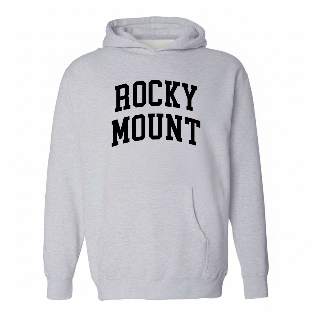 Heather-gray hoodie with the Rocky Mount varsity arched lettering design on the chest.