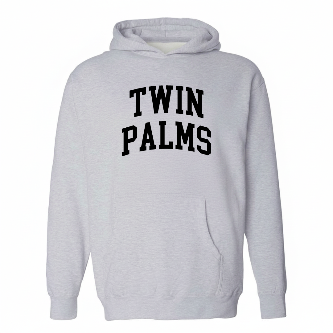 Heather-gray hoodie with the Twin Palms arched lettering design on the chest.