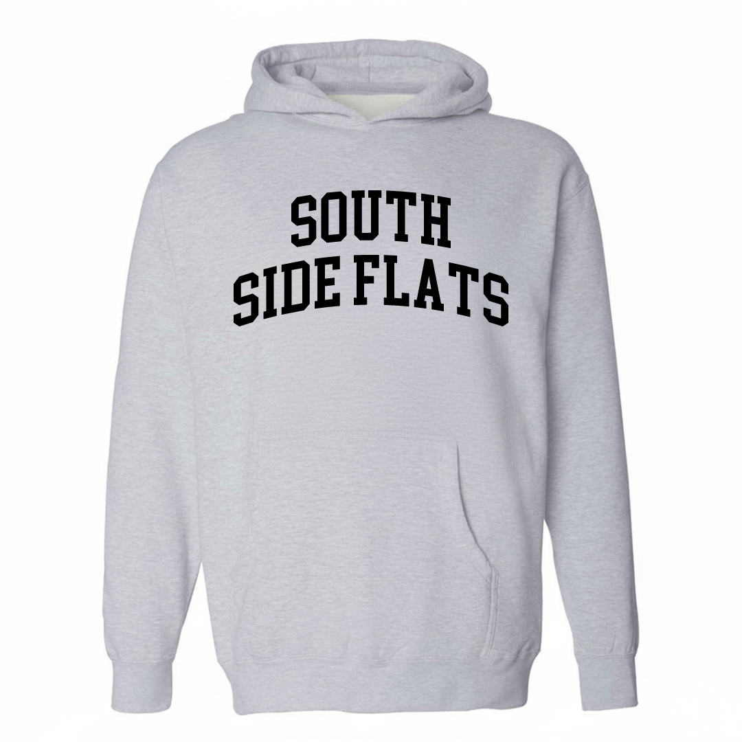 Heather-gray hoodie with the South Side Flats varsity arched lettering design on the chest.