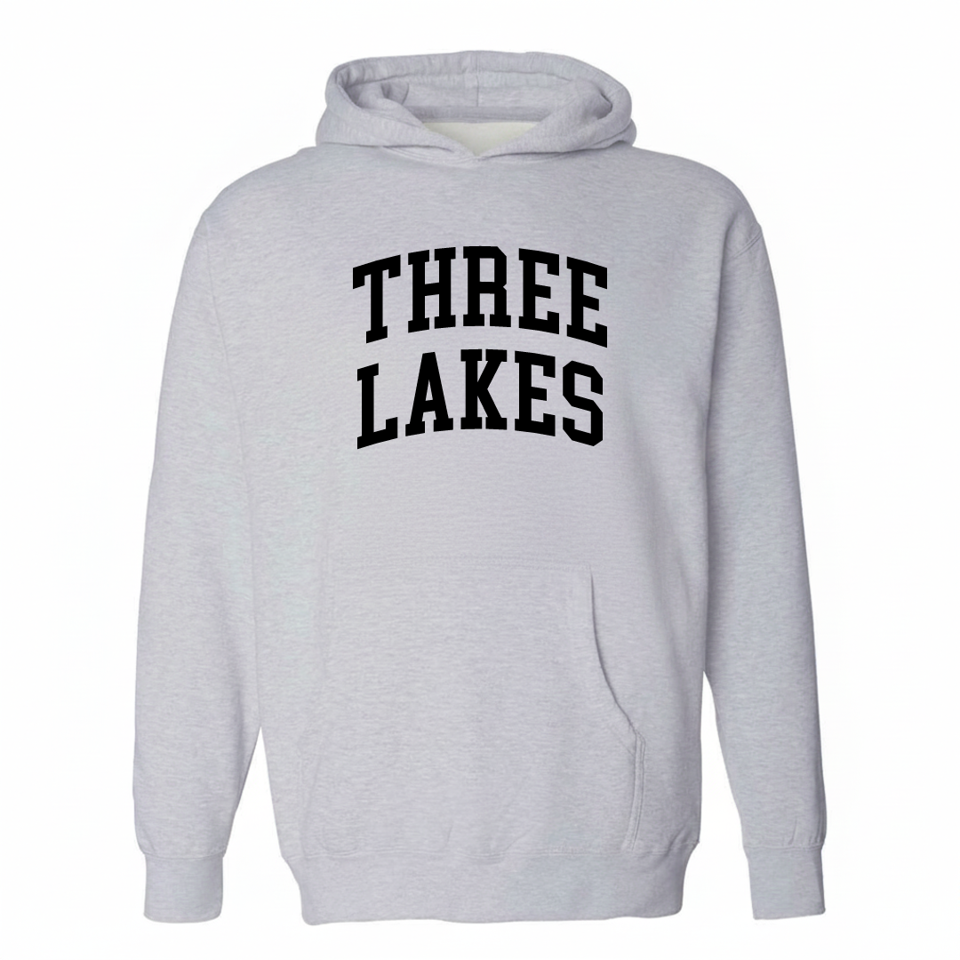 Heather-gray hoodie with the Three Lakes arched varsity lettering design on the chest.