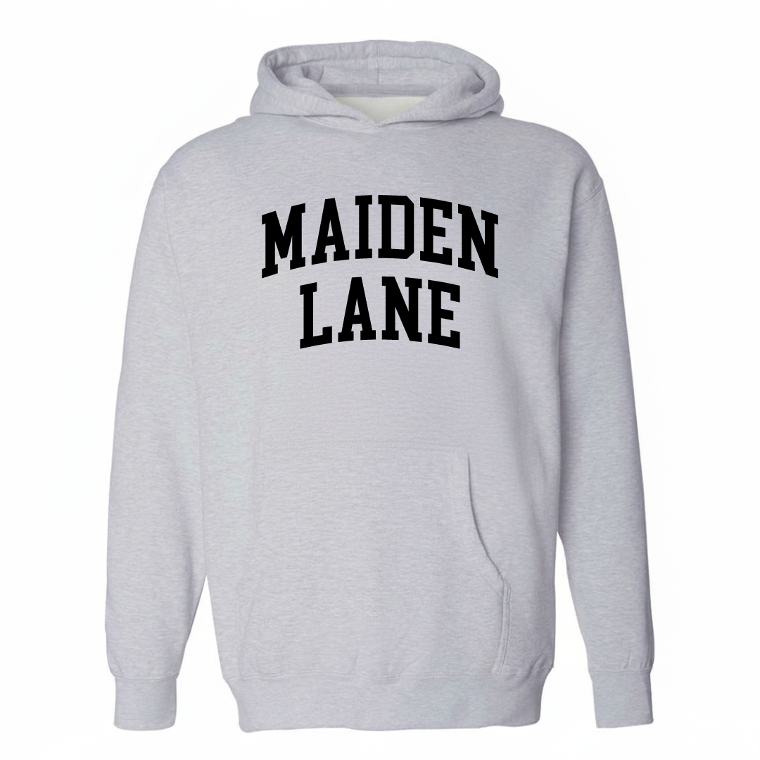 Heather-gray hoodie with the Maiden Lane varsity arched lettering design on the chest.