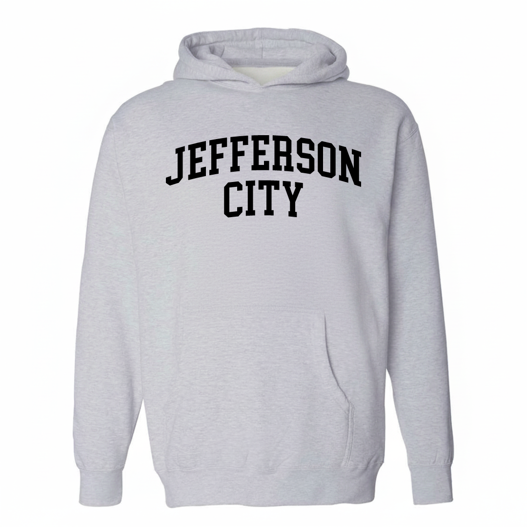 Heather-gray hoodie with the Jefferson City arched varsity lettering design on the chest.