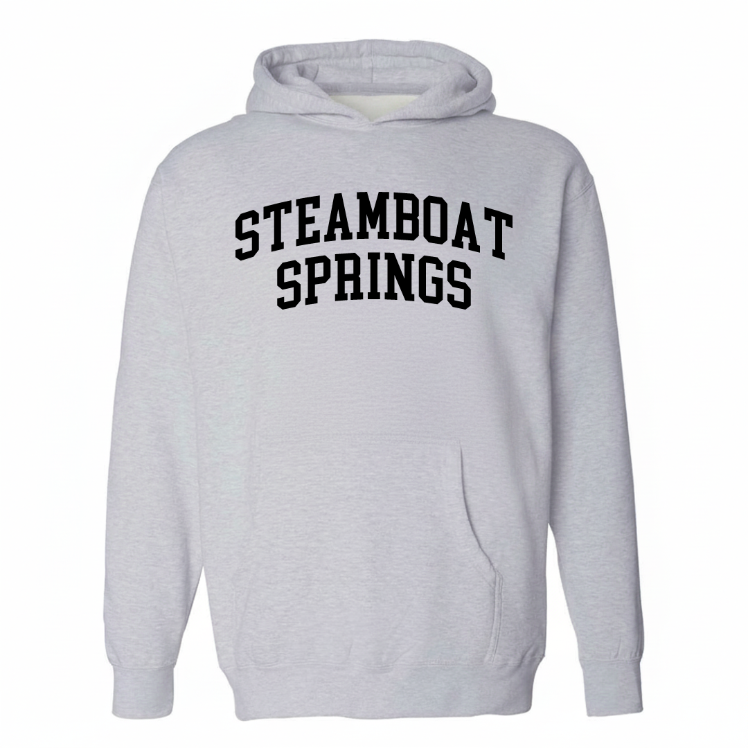 Heather-gray hoodie with the Steamboat Springs arched varsity lettering design on the chest.