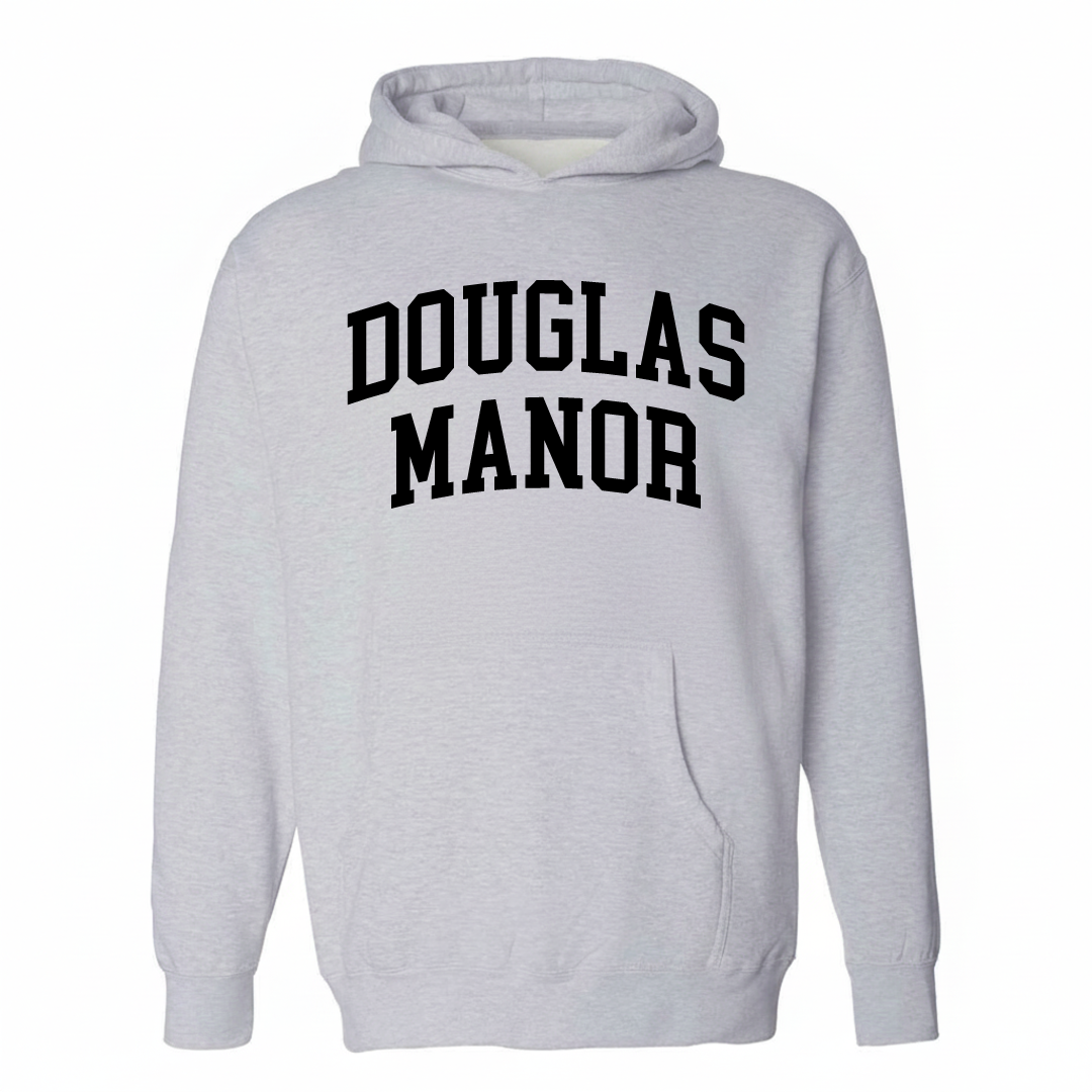 Heather-gray hoodie with the Douglas Manor varsity arched lettering design on the chest.