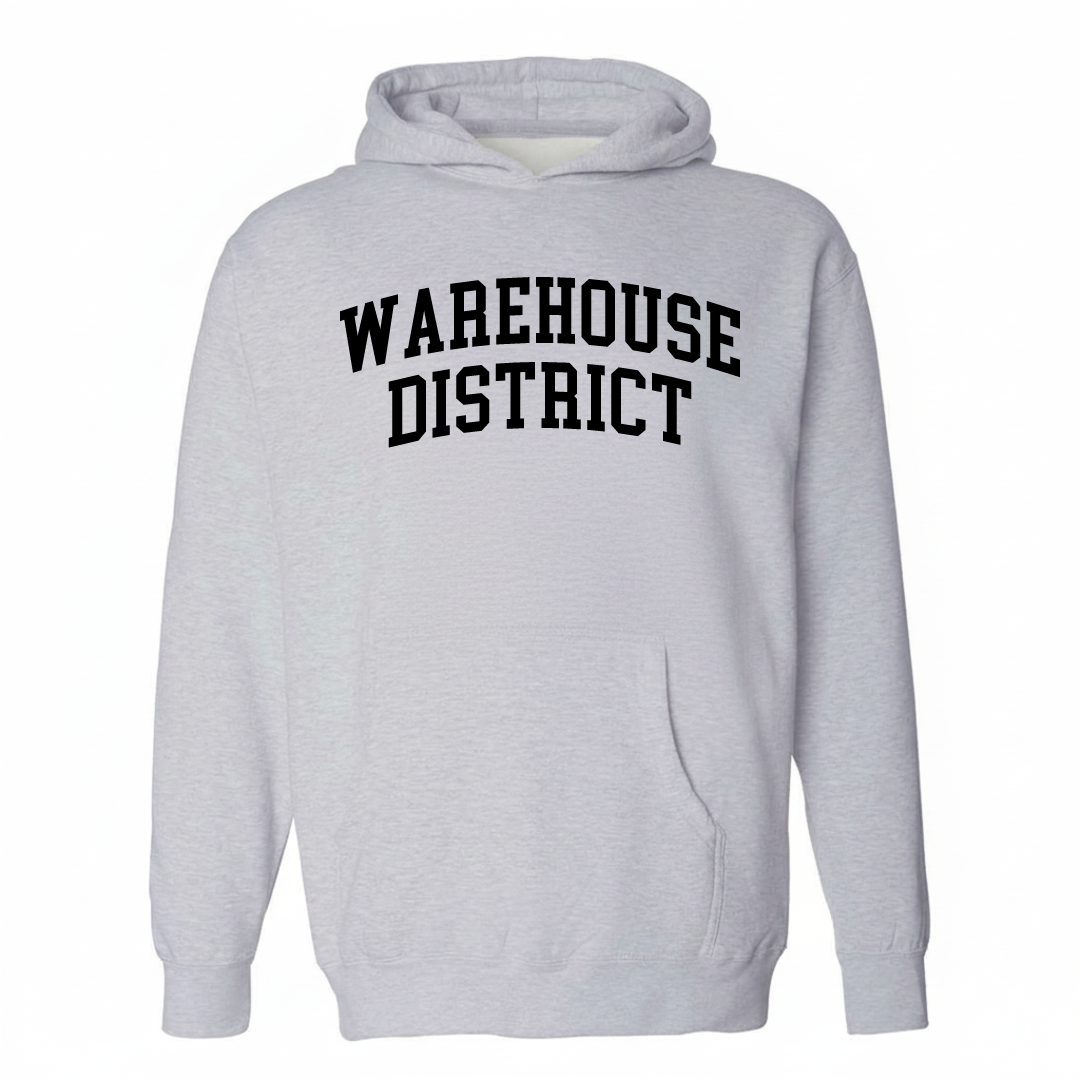 Heather-gray hoodie with the Warehouse District arched lettering varsity-collegiate design on the chest.